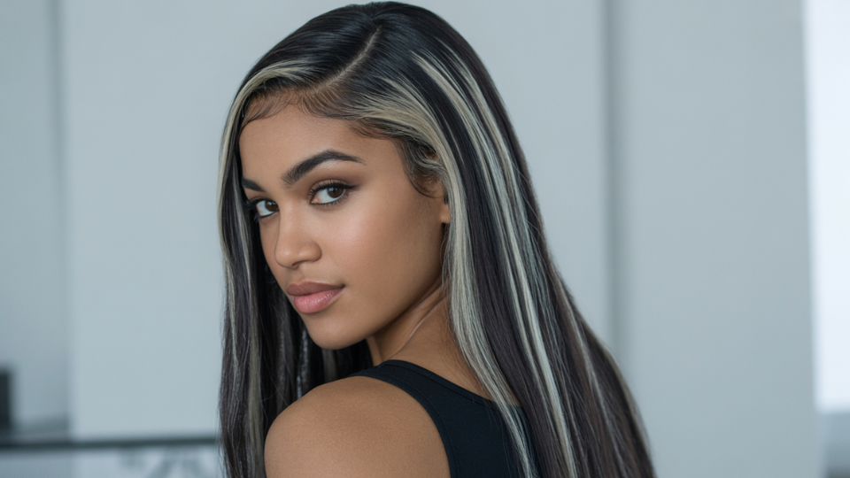 platinum streaks on dark hair