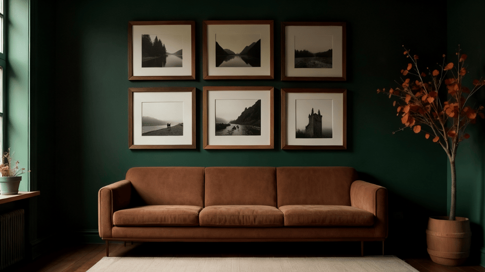 Gallery Wall with Rustic Frames above couch decor
