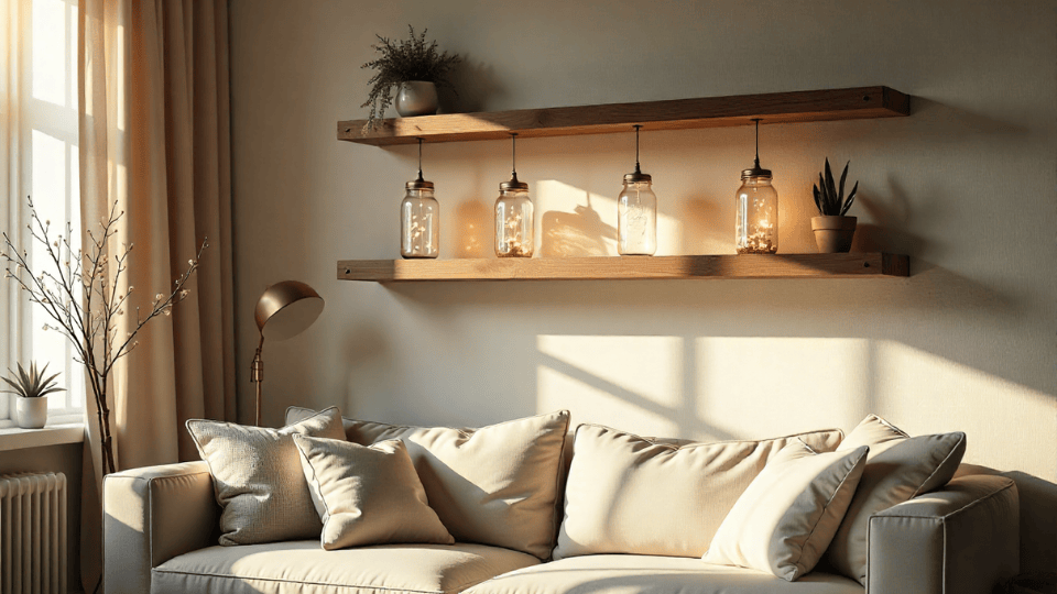 Hanging Mason Jars above couch decor