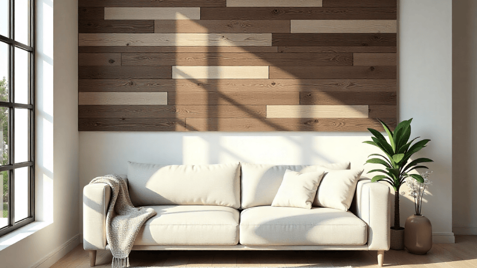 Reclaimed Wood Wall Panels above couch decor