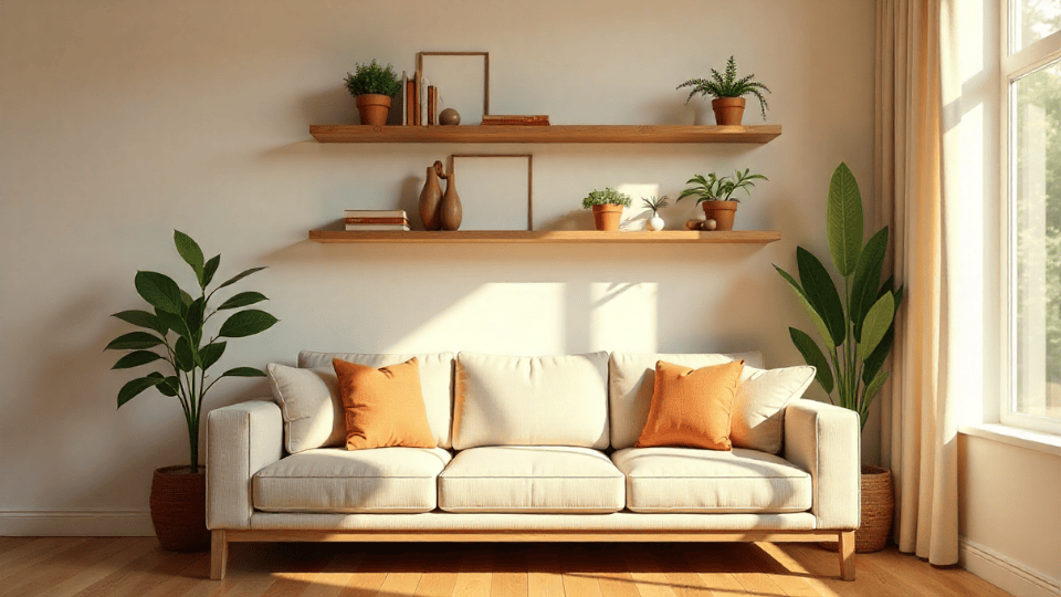 Rustic Floating Shelves above couch decor