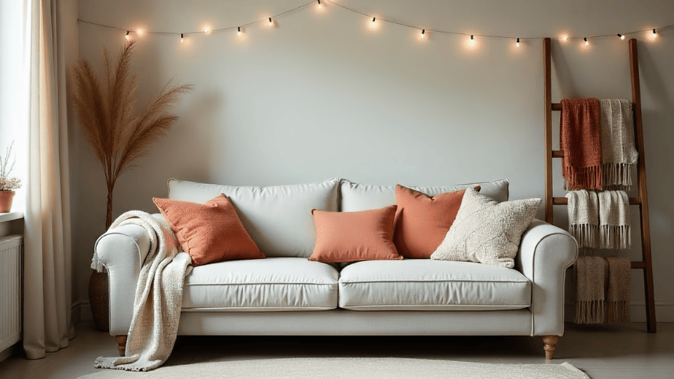 Rustic Ladders with Blankets above couch decor