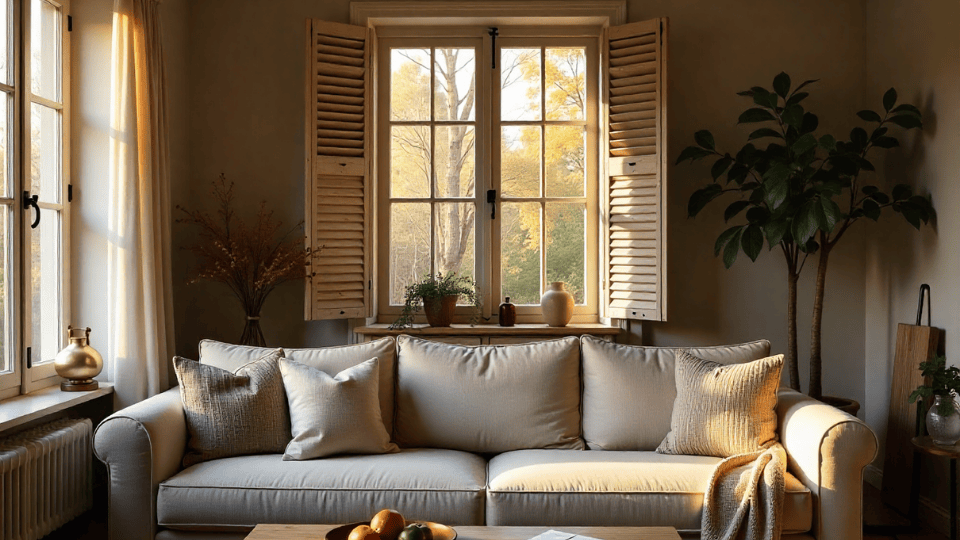 Rustic Shutter Panels above couch decor