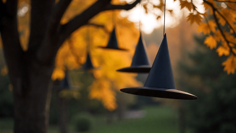 Witch Hats Hanging from Trees halloween decor ideas