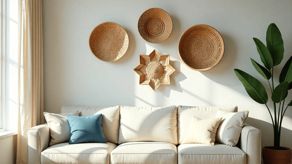 Woven Wall Baskets above couch decor