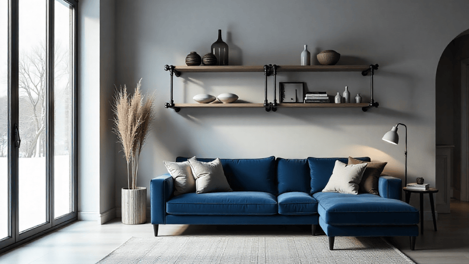 industrial pipe shelves above couch decor