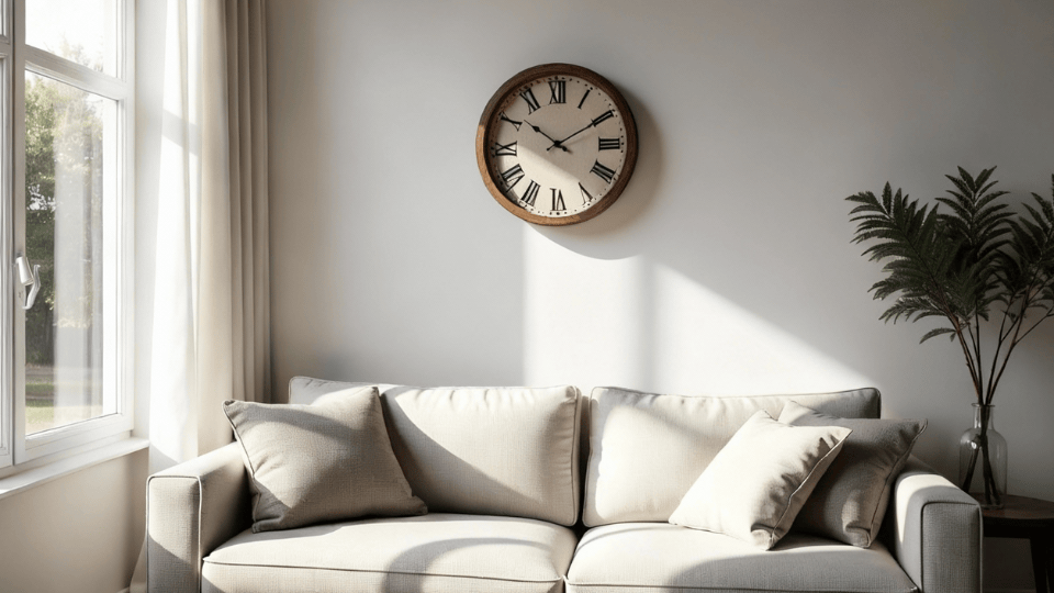 rustic clock above couch decor