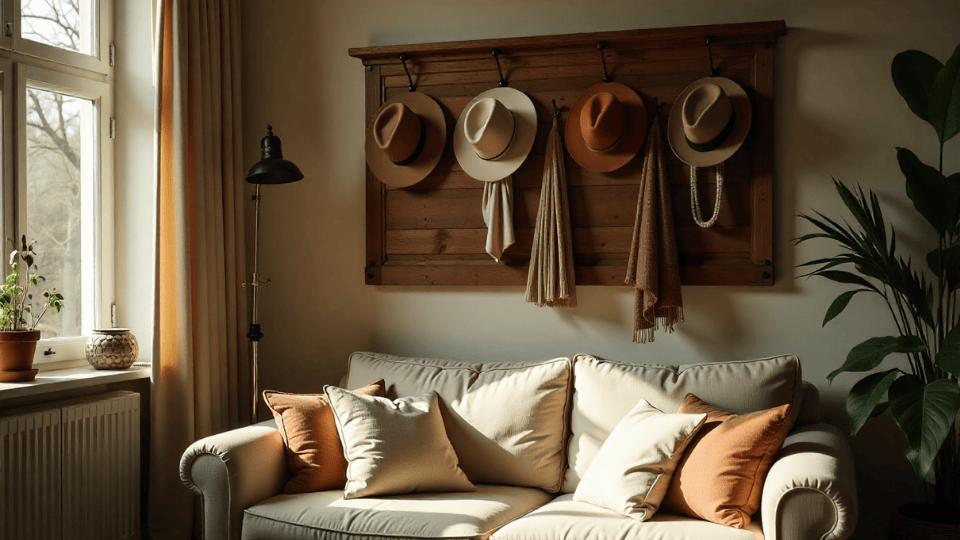 rustic wall hooks above couch decor