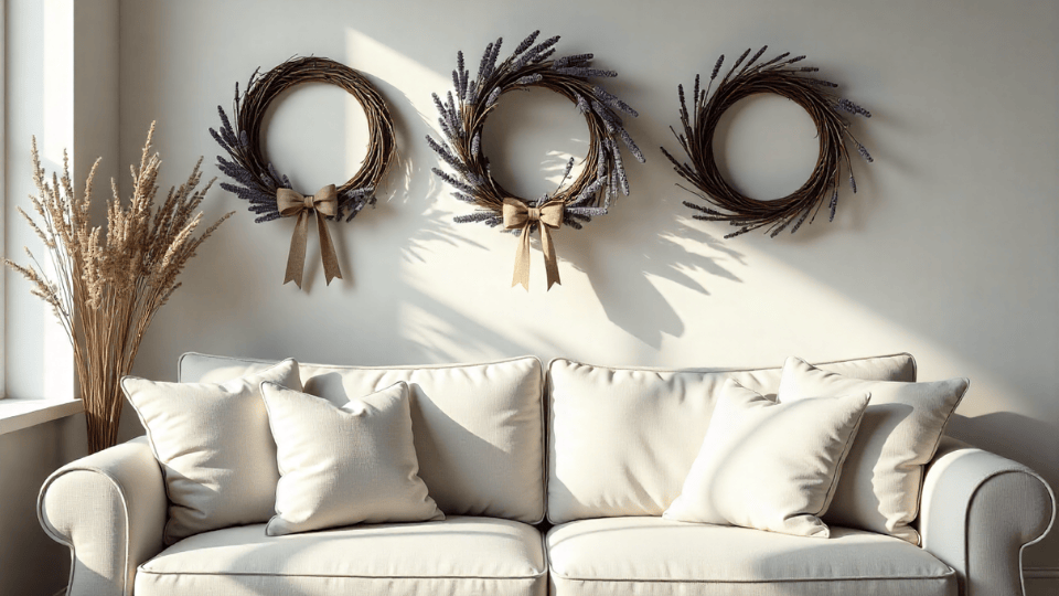 rustic wreaths above couch decor