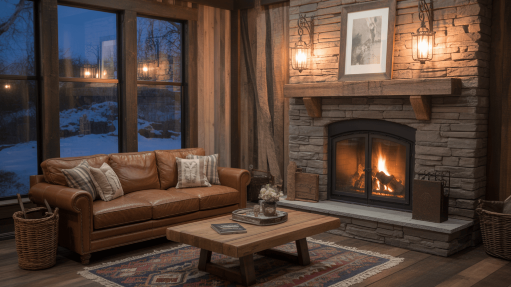 stone fireplace with wooden mantel