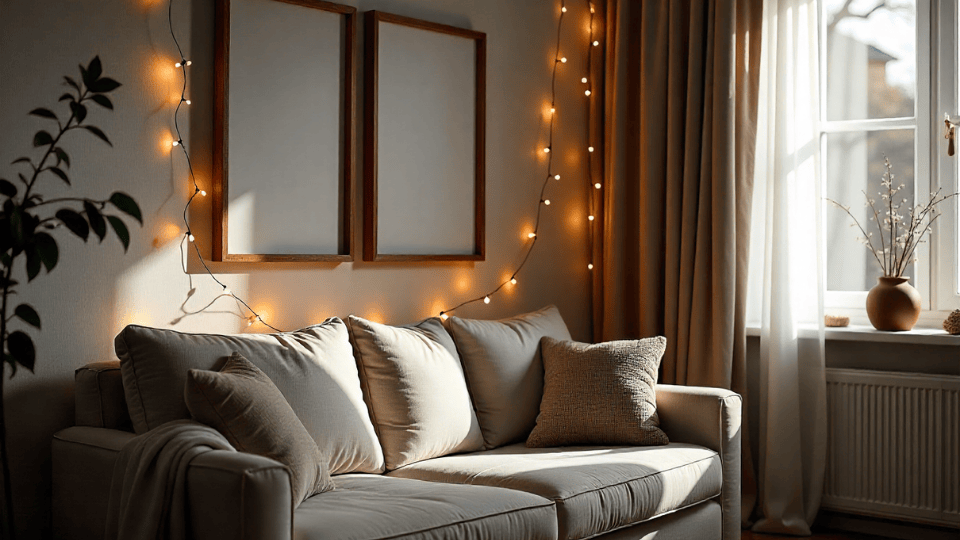 string lights above couch decor