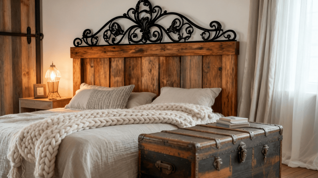 wooden headboard with distressed finish